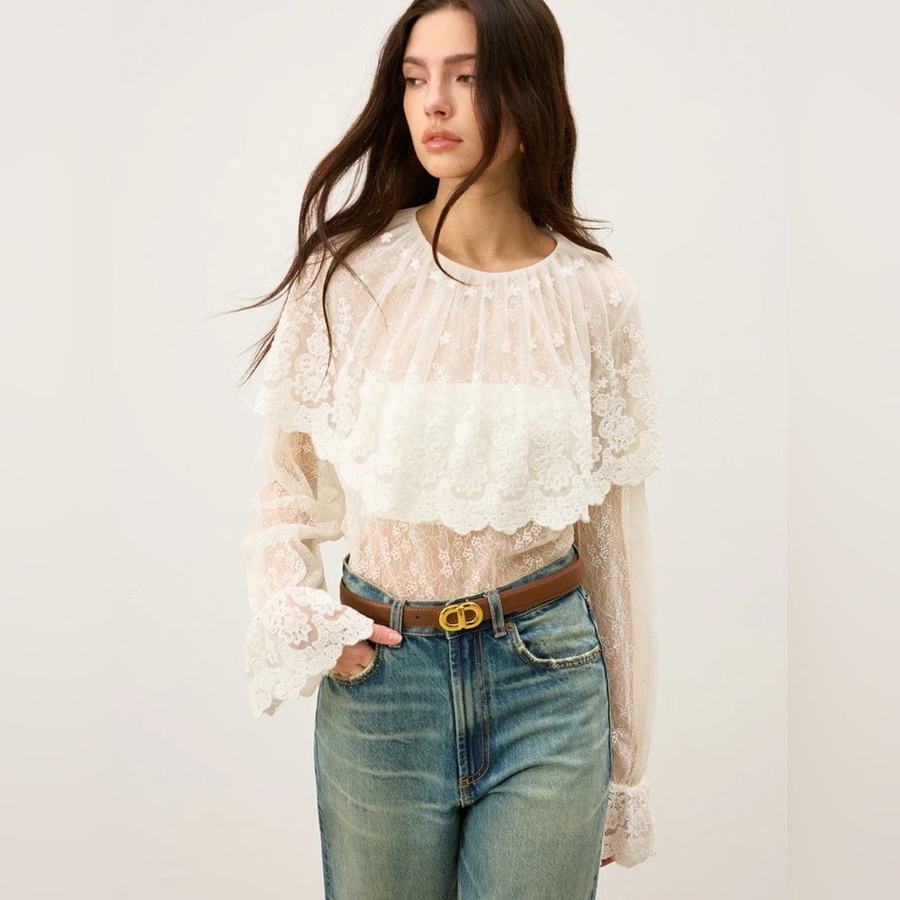 NWT COMMENSE Boho Chic Lace Sheer Peasant Blouse Festival Size Large